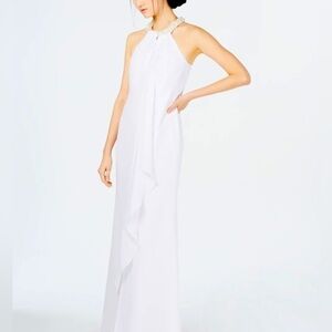 Calvin Klein Women’s Pearl Halter Neck Ruffle Gown wedding dress white 4